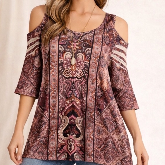 live and let live Tops - Live‎ and Let Live Boho Cold Shoulder Paisley Top Mauve Brown Size Large